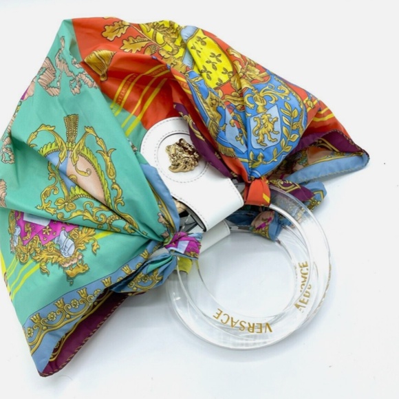 Versace *Rare* La Medusa Multicolor Scarf Woven Palm Tote w/ Crossbody Strap - Picture 8 of 16